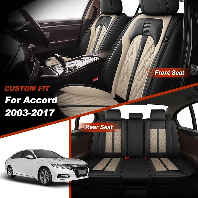 TTX LIGHTING Seat Covers Fit for Honda Accord 2003-2017 Seat Covers Full Set Car Seat Covers Faux Leather Breathable Waterproof Car Seat Protector (5 Seats, Black&Beige)