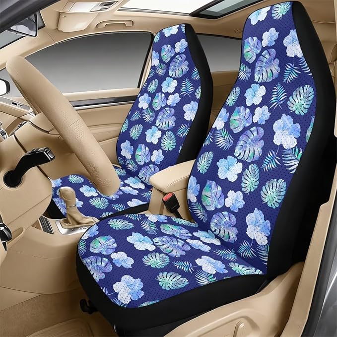 FUSURIRE 5 PCS Tropical Palm Leaf Car Accessories Set-PU Front Seat Covers, Seat Belt Covers & Center Armrest Pad Universal Fit Car SUV Truck Van