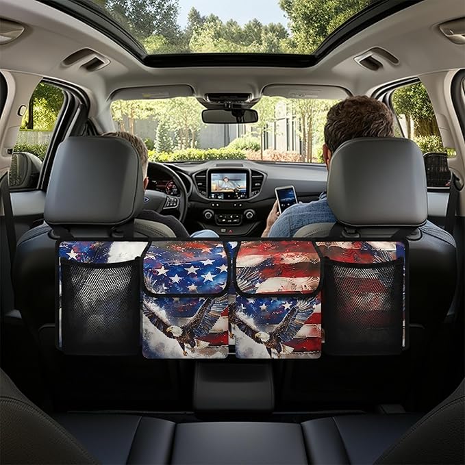 CLOHOMIN Eagle Trunk Organizer for Car American Flag Car Storage Oraganizer Patriotic Back Seat Hanging Storage with 4 Large Pockets Multi Cargo Storage Bag for SUV Car Sedan