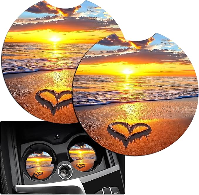 JANENFNA Car Armrest Cover Pads Universal Fashion Cute Auto Center Console Armrest Cover Pad with 2PCS Car Coasters Soft Waterproof Car Armrest Seat Protector for Women,Sunset Heart Beach