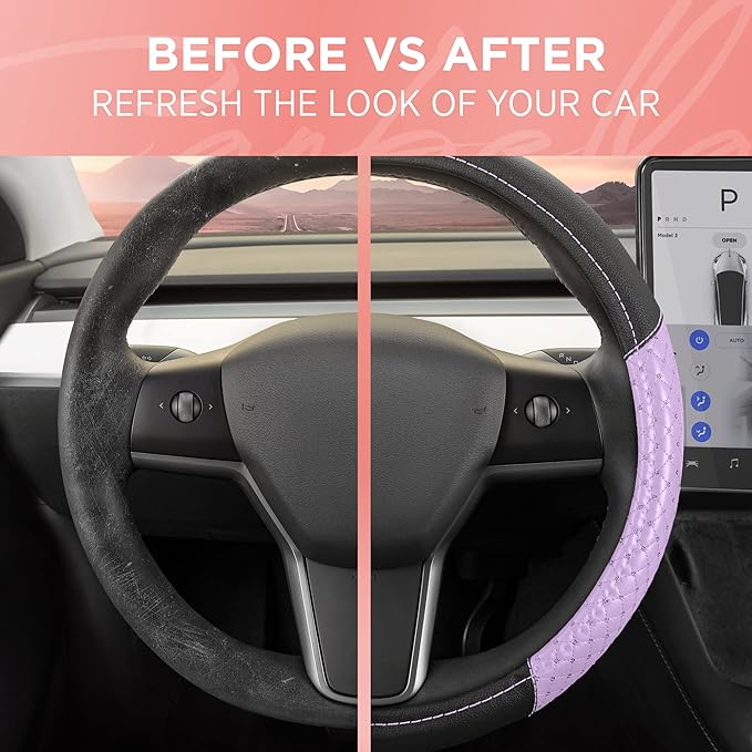 Carbella Purple Sequin Bling Steering Wheel Cover, Standard 15 Inch Size Fits Most Vehicles, Cute Faux Leather Car Steering Cover with Diamond Rhinestone Glitter Like Detail, Car Accessories for Women