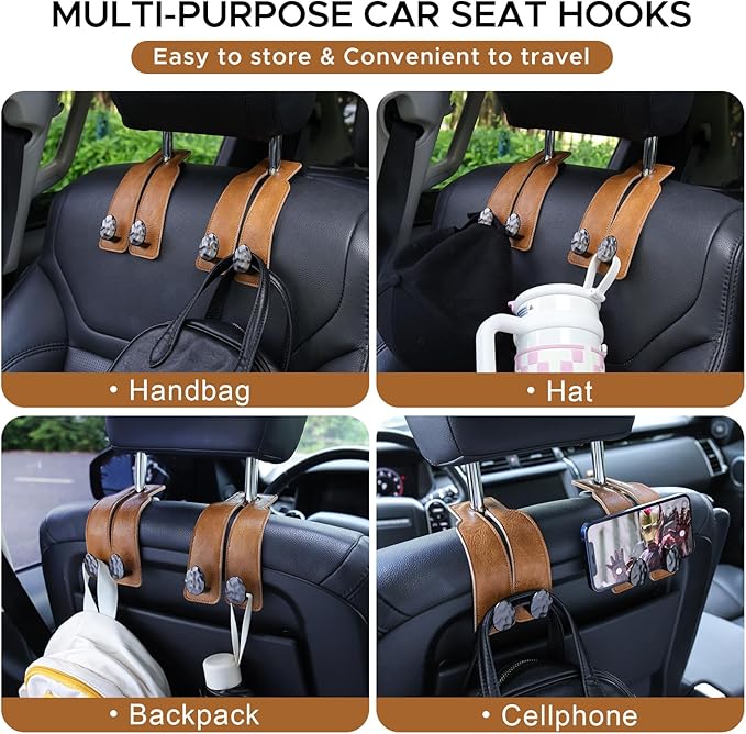 URIZZD 2PCS Leather Car Seat Hooks for Headrest, Vehicle Hanger Storage Organizer Universal for Handbag Purse, Car Accessories Gift (Brown-Black)