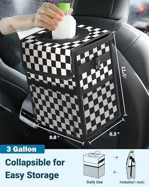 Capolo Car Trash Can with Lid, Leakproof Car Trash Bag Hanging Waterproof Automotive Garbage Can with Storage Pockets Mini Vehicle Trash Bin for Back/Front Seat(Corduroy Black Checkerboard,3 Gallon)