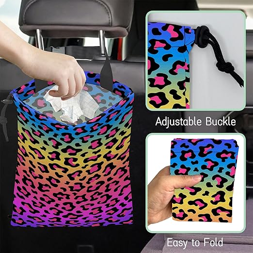 NHNXHWIA Rainbow Leopard Car Trash Bag,Neon Leopard Hanging Drawstring Car Garbage Bag, Waterproof Canvas Car Back Seat Organizer with Adjustable Buckle, for Vehicles, SUVs, Camping, Road Trips