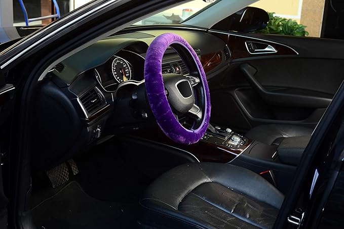 KAFEEK Purple Elastic Fuzzy Steering Wheel Cover, Microfiber Plush Steering Wheel Cover for Woman Girl,Winter Warm, Universal 15 inch