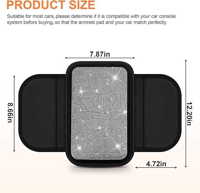 Bling Car Center Console Cover Custom Fit for Jeep Gladiator - Leather Armrest Cover with 2 Storage Pockets and Crystal Rhinestones(Black)
