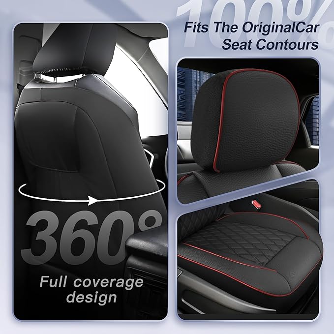 GIANT PANDA 2PCS Front Seat Covers for Hyundai, Piping Leather Durable Waterproof Seat Cover to Fit Sonata Elantra Santa Fe Tucson Accent Kona Palisade Genesis, Airbag Compatible (Black+Red)