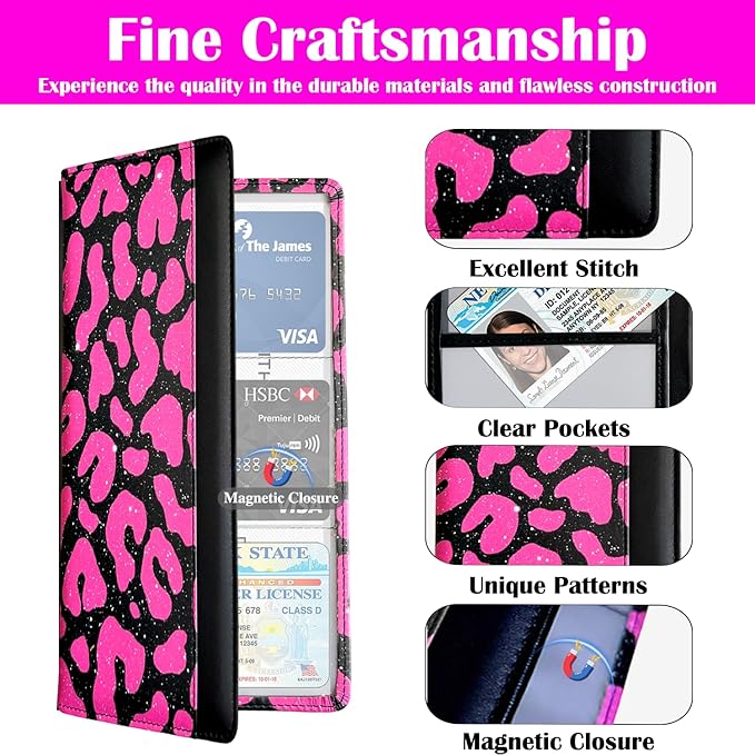 FinestHouse Car Registration and Insurance Holder with Magnetic Closure, Universal Document Organizer for License, Insurance Cards & Glove Box Storage (Leopard-Glitter Hot Pink)