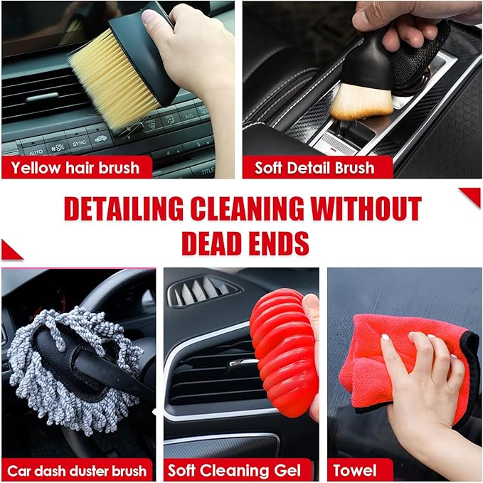 Viewsun 17PCS Car Cleaning Kit, Car Interior Detailing Kit with Red High Power Handheld Vacuum, Detailing Brush Set, Windshield Cleaner, Cleaning Gel, Complete Auto Accessories for Women