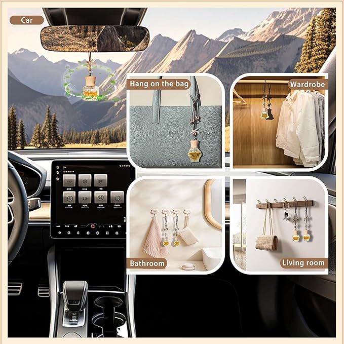 GTWYGT 6 Pack Leak-Proof Hanging Car Diffuser - 8ml Refillable Empty Bottles with Wood Caps, 3 Funnels & 2 Droppers - Essential Oil Air Freshener for Car, Home or Office (6, Rose)