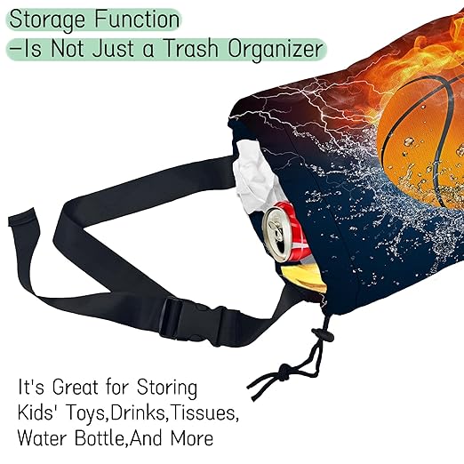 NHNXHWIA Basketball Car Trash Bag,Fire Ball Hanging Drawstring Car Garbage Bag,Waterproof Canvas Car Back Seat Organizer with Adjustable Buckle,for Vehicles,SUVs,Camping,Road Trips