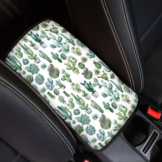 Cactus Car Armrest Pad Soft Breathable Automotive Center Console Non Slip Arm Rest Protector Cover Universal Cactus Car Interior Accessories Decor Green