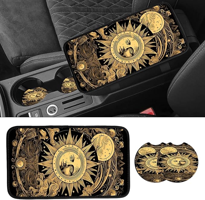 JANENFNA Car Armrest Cover Pads Universal Fashion Cute Auto Center Console Armrest Cover Pad with 2PCS Car Coasters Soft Waterproof Car Armrest Seat Protector for Women,Stargazing Sun and Moon