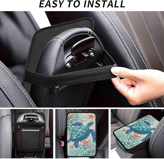 Sea Turtle Center Console Cover Pad, Nautical Starfish Coral Car Armrest Seat Box Cover Cushion Universal for Most Vehicle SUV Truck, Car Interior Accessories Decor, Protect from Pet Claws & Dirt