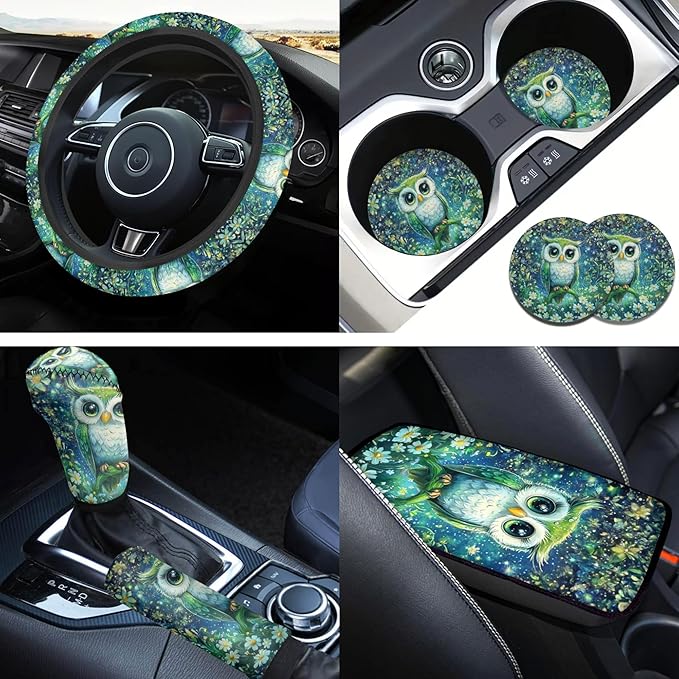 Galaxy Night Owl Car Steering Wheel Cover Set 6 Pcs Animal Owl Print Cup Holder Armrest Pad Gear Shift Cover,Car Handbrake Covers Auto Accessories for Men Women