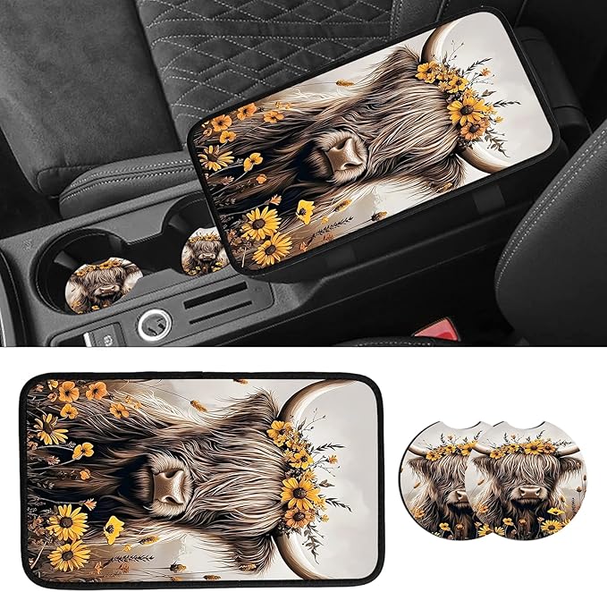 JANENFNA Car Armrest Cover Pads Universal Fashion Cute Auto Center Console Armrest Cover Pad with 2PCS Car Coasters Soft Waterproof Car Armrest Seat Protector for Women,Cow Flower Crown