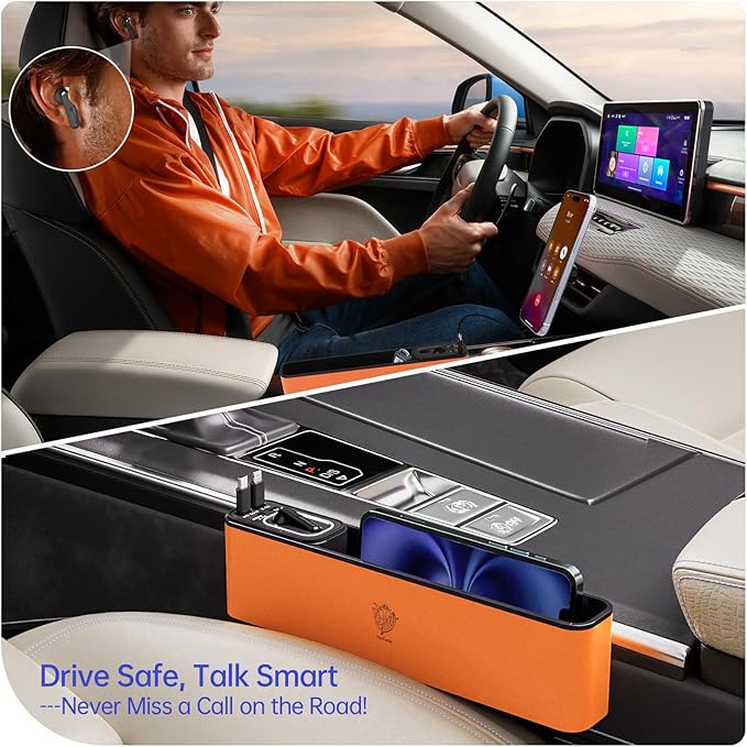 FlexTurtle Car Seat Gap Filler Organizer with 69W Retractable Car Charger & Bluetooth Earpiece for Driving Calls, Car Accessories with Trucker Headset, Fits Sedans, SUVs, Pickup Trucks & Crossovers
