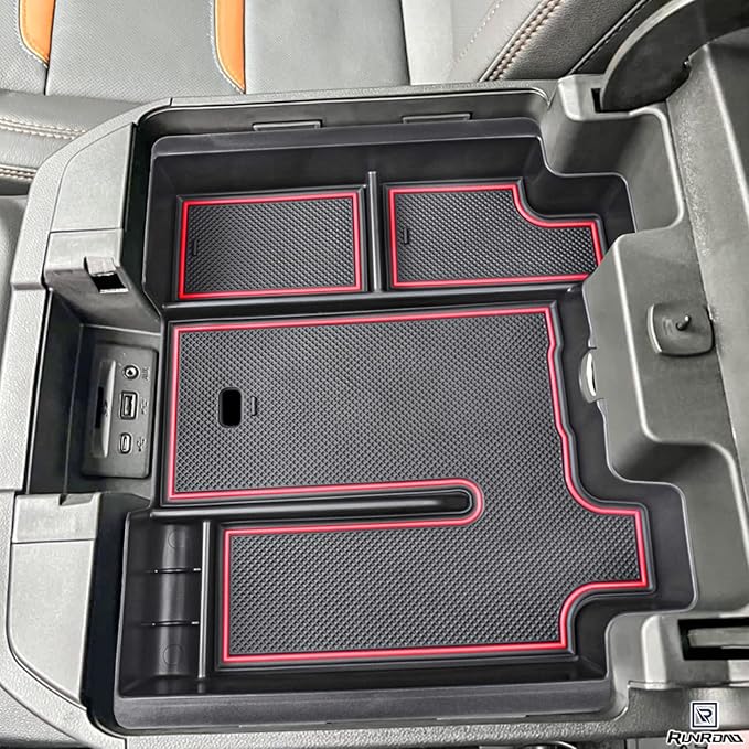 RUNROAD Center Console Organizer Tray Compatible with 2019-2022 Chevy Silverado 1500/GMC Sierra 1500 and 20-23 Silverado/Sierra 2500HD/3500HD Accessories, Full Console with Bucket Seats ONLY, Red