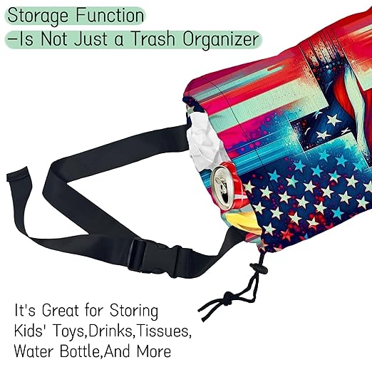 NHNXHWIA American Flag Cross Car Garbage Bag,Waterproof Small Car Trash Bag Hanging Back of Seat,Drawstring Hanging Car Trash Bag with Adjustable Buckle for Car Accessories