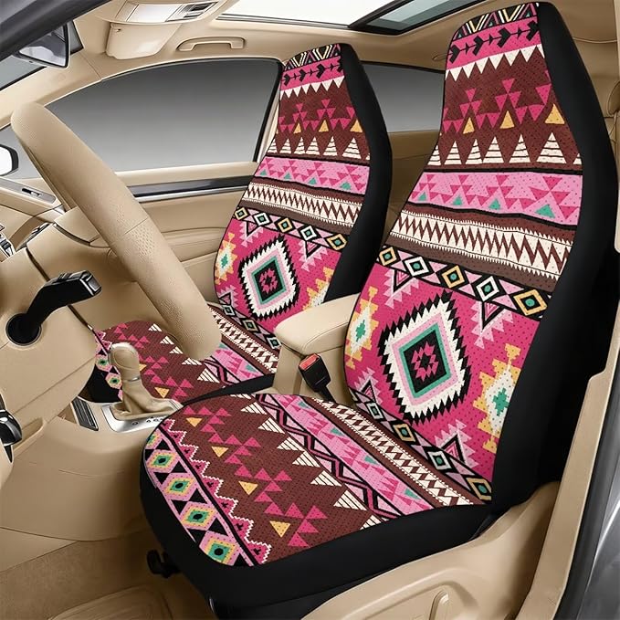 Qeluxign PU Leather Car Seat Covers Set - Pink Tribal Geometric-Includes 2 Seat Protectors, 2 Shoulder Pad Covers, 1 Armrest Cover for Car Decoration