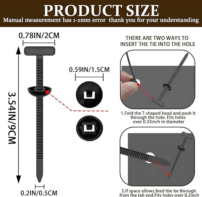200PCS Cable Tie Buckle,Nylon Universal Automotive Zipper Clips,Heavy Duty Plastic Rivet T Self-Locking Zip Ties,Zippered Trim Clip Auto Parts,Button Ziptie Bumper Retainer Fender Liner Fastener