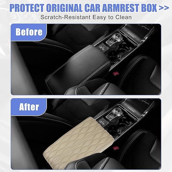 X AUTOHAUX Beige Vehicle Auto Armrest Cushion Cover Vehicle Center Console Cover Box Pad Waterproof Cushion Pad Protector Car Decoration Accessories