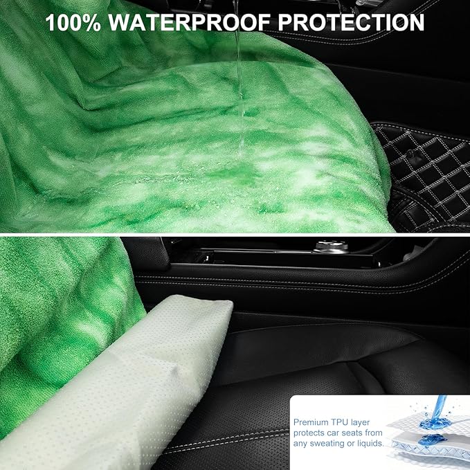 Car Seat Towel Covers with Storage Bag, Waterproof Sweatproof Towel Seat Cover Universal Front Seat Covers Machine Washable Non-Slip Seat Protector for Gym Workouts(Green, 1Pcs Front Seat Cover)