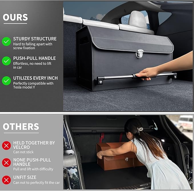 XCF Car Trunk Organizer, Push-pull Handle, Leather Collapsible 2 Compartments Car Organizers with Lid, Car Trunk Storage Organizer, Suitable for All Kinds of Cars, SUV, Minivan (Large, Black)