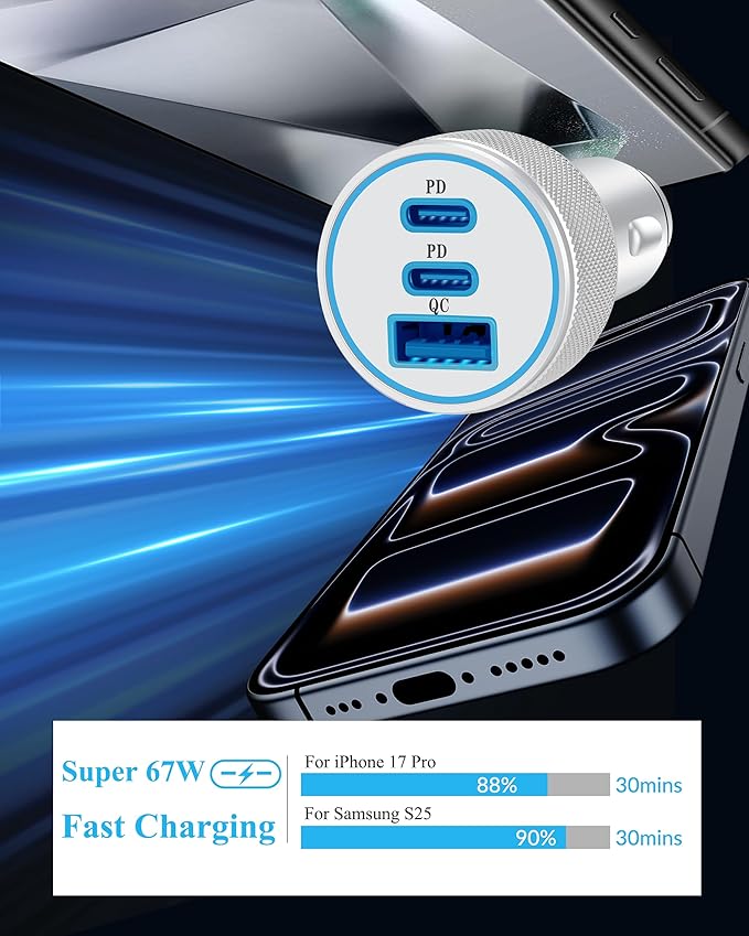 iPhone 17e/17/17 Pro Max Car Charger Fast Charging, 2-Pack 67W 3-Port Fast USB C Car Charger Adapter Cigarette Lighter with 3FT Type C Cable Cord for iPhone 17e/17/17 Pro Max/16/15 Pro Max/Plus, iPad