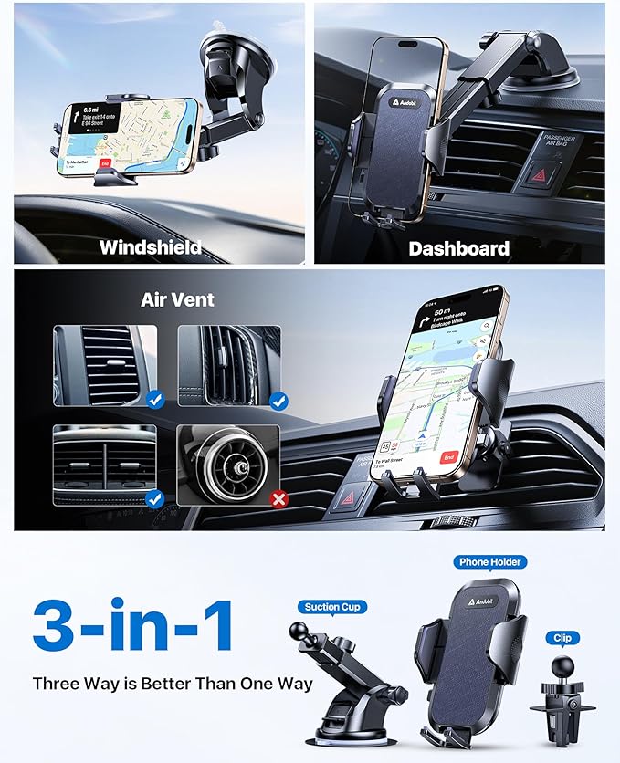 andobil Car Phone Holder, 2026 Military-Grade 89lbs Strongest Suction Phone Holders for Your Car Dashboard/Windshield/Vent Easy Clamp Cellphone Holder Truck Stand for iPhone 17 16 15 Pro Max, Blue