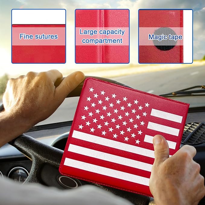 Ziciner Car Registration Insurance Holder, 2Pack Essential Auto Card Document Glove Box Organizer with Touch Fastener, Vehicle Interior Accessories Perfect for Most Car, Truck, SUV (Red/Back Flag)