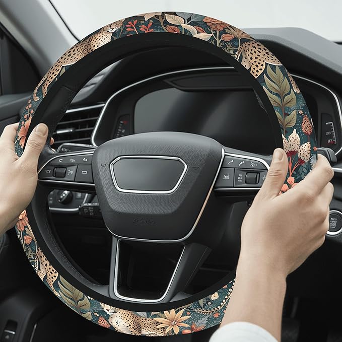 Cute Steering Wheel Cover for Women, Machine Washable Universal 14.5-15.5 inch Non-Slip Grip All Weather Use (Leopard Print)