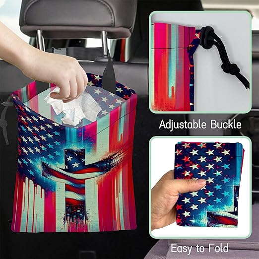 NHNXHWIA American Flag Cross Car Garbage Bag,Waterproof Small Car Trash Bag Hanging Back of Seat,Drawstring Hanging Car Trash Bag with Adjustable Buckle for Car Accessories
