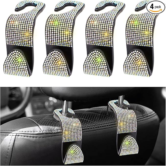 4 PCS Car Seat Headrest Hooks, Bling Crystal Rhinestone Back Seat Hanger Storage Organizer, Sparkly Seatback Holder Hooks for Purse and Bags Universal For Most Vehicles (Colorful)