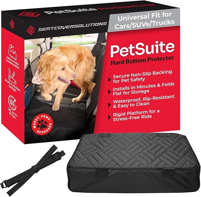PetSuite Hard Bottom Dog Car Seat Cover for Back Seat – 300-lb Strength Pet Cover for Dogs with 40% Extra Space, Waterproof Nonslip Backseat Hammock for Cars & SUVs (Car or SUV)