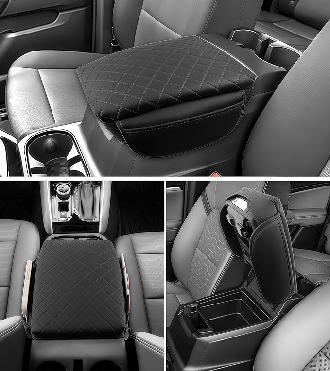 Armrest Cover for Chevy Colorado GMC Canyon 2023 2024 2025 2026 Center Console Pad Accessories Arm Rest Lid with Pockets, Black Faux Leather