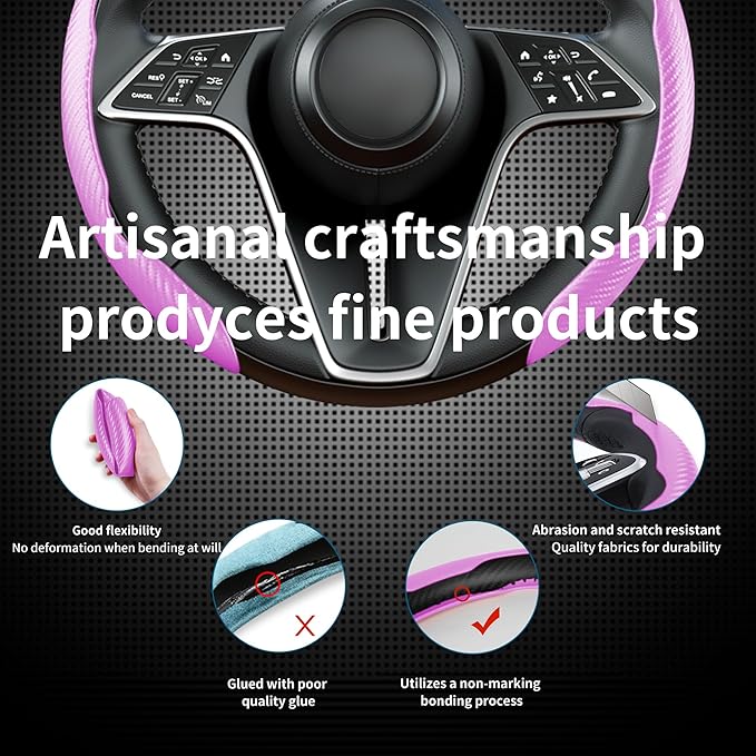 LevChall Carbon Fiber Steering Wheel Cover, 2-Piece Set Anti-Skid Comfortable Grip Segmented Butterfly Design, Easy Snap-On Installation Universal Fit 99% Cars, Pink