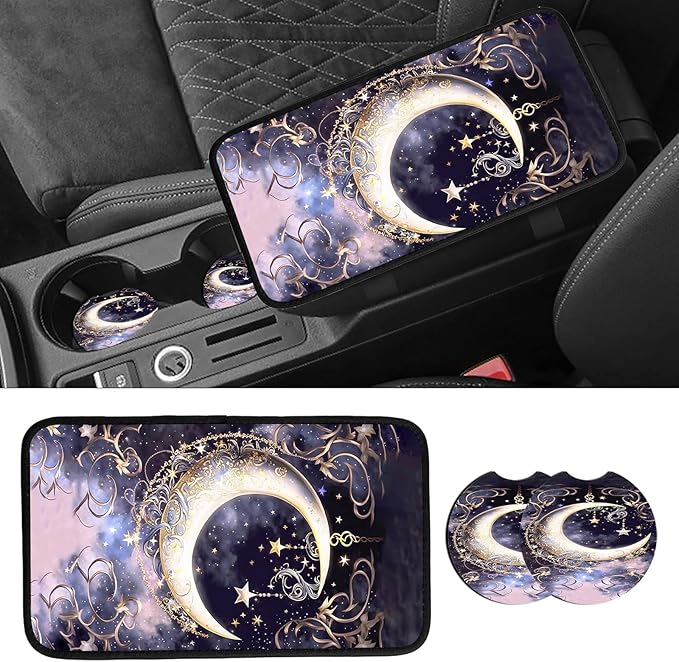 JANENFNA Car Armrest Cover Pads Universal Fashion Cute Auto Center Console Armrest Cover Pad with 2PCS Car Coasters Soft Waterproof Car Armrest Seat Protector for Women,Crescent Stars in Sky