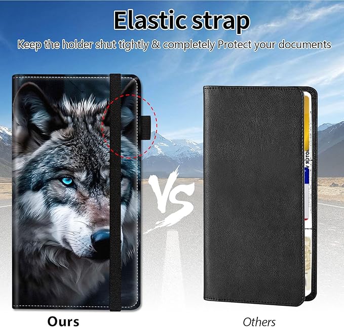Qindaiwen Car Registration and Insurance Holder, Vehicle Card Document Elastic Band Closure Glove Box Organizer, Driver License Cards, Car Accessories for Essential Info, Grey Wolf 04
