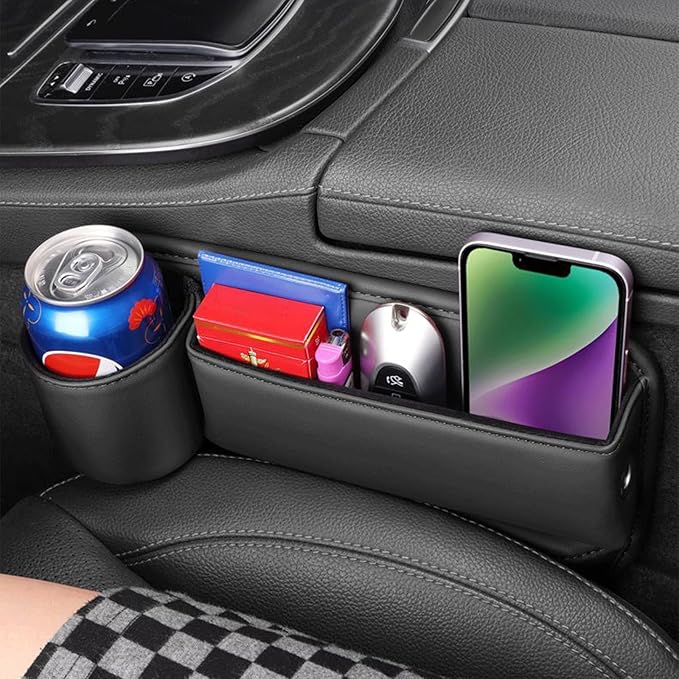 Peticehi Car Leather Cup Holder Gap Bag, No Logo Leather Car Seat Storage Box with Water Cup Holder, Car Seat Gap Filler Organizer (for Driver's seat,Red)