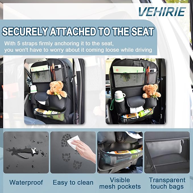 VEHIRIE Car Backseat Organizer with Foldable Table Tray, Premium Leather Car Seat Back Protectors Kick Mats for Kids, Toy Storage Box with 10 Inch Touch Screen, Tablet Holder
