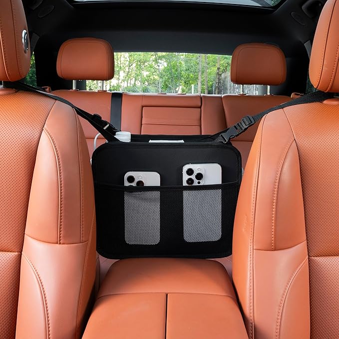 Uplien Car Organizer Bag for Back Seat Front Seat or Between Seats Premium PU Leather Hanging Storage Caddy with Tablet Holder Tissue Box Cup Bottle Holders Mesh Pockets for Kids Adults