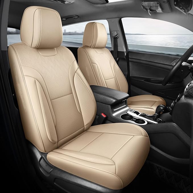 FEINEPRO Beige Car Seat Covers Only Front 2pc - Breathable Faux Leather Universal Seat Covers for Cars, Automotive Protector Fit for Most Sedan SUV Pick-up Truck