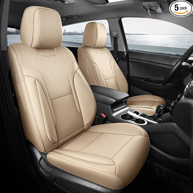FEINEPRO Beige Car Seat Covers Full Set - Breathable Faux Leather Universal 5 Seat Covers for Cars, Automotive Protector Fit for Most Sedan SUV Pick-up Truck
