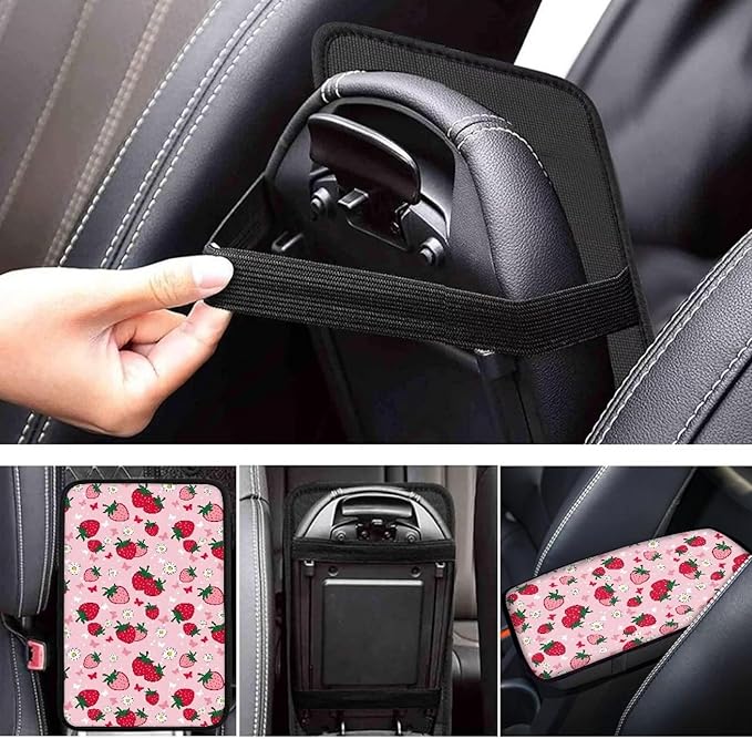 Horeset Pink Strawberry Car Center Console Covers Auto Accessories Anti-Scratch Non-Slip Arm Rest Cushion Protector Fit SUV Sedan Truck