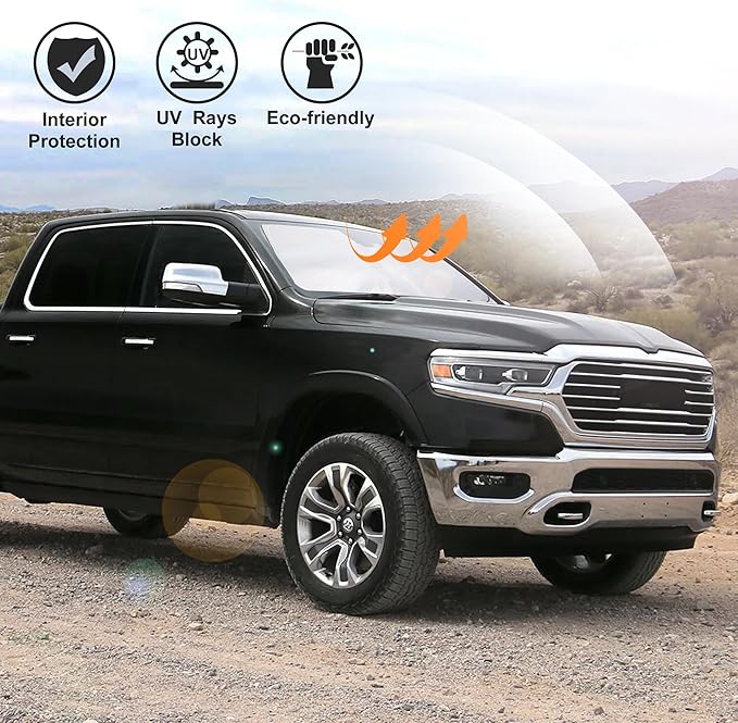 Windshield Sun Shade for 2019-2024 2025 Dodge RAM 1500 Accessories CrewCab,MegaCab Pickup,2Dr RegularCab,4Dr QuadCab Custom Fit Foldable Sunshade