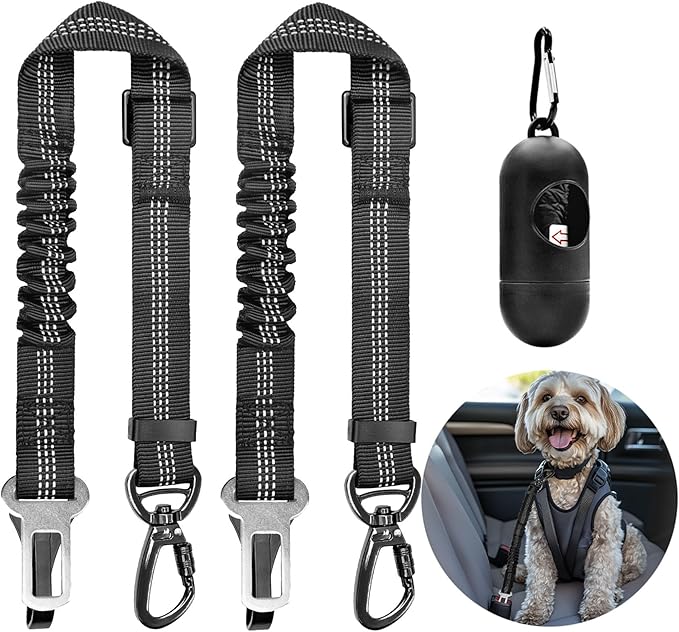 Dog Seat Belt for Car, Dog Car Harness Dog Seatbelt in Car, Safety Leash with Woven Elastic Nylon Buffer Adjustable Rotating Buckle and Dog Poop Bags (19.6-31.5in, Black,Two Pack)