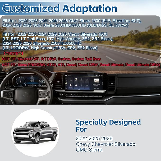 Dash Cover Mat Fit for 2022-2024 2025 2026 Chevy Chevrolet Silverado & GMC Sierra 1500 2500HD 3500HD Accessories with HUD Dashboard,Non-Slip Dash Protector Cover Pad (Only fits 13.4 in Screen)