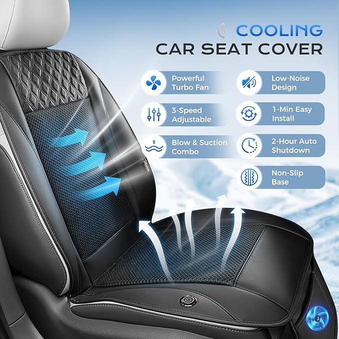Coverado Cooling Car Seat Cover with High-Velocity Turbo Fan, Powerful Blowing & Suction Pad, 12V-24V Ventilated Cushion, 3-Speed Adjustable Airflow, Universal Fit for Car SUV Truck Van（Black）