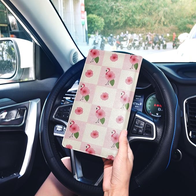 ALAZA Flamingo Pink Floral Plaid Car Registration and Insurance Card Holder Vehicle Glove Box Car Organizer Driver License Documents Holder Waller Case Organizers
